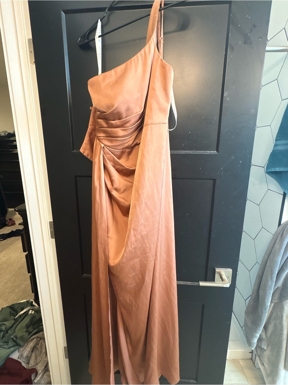 Azazie One-Shoulder Copper Satin Gown